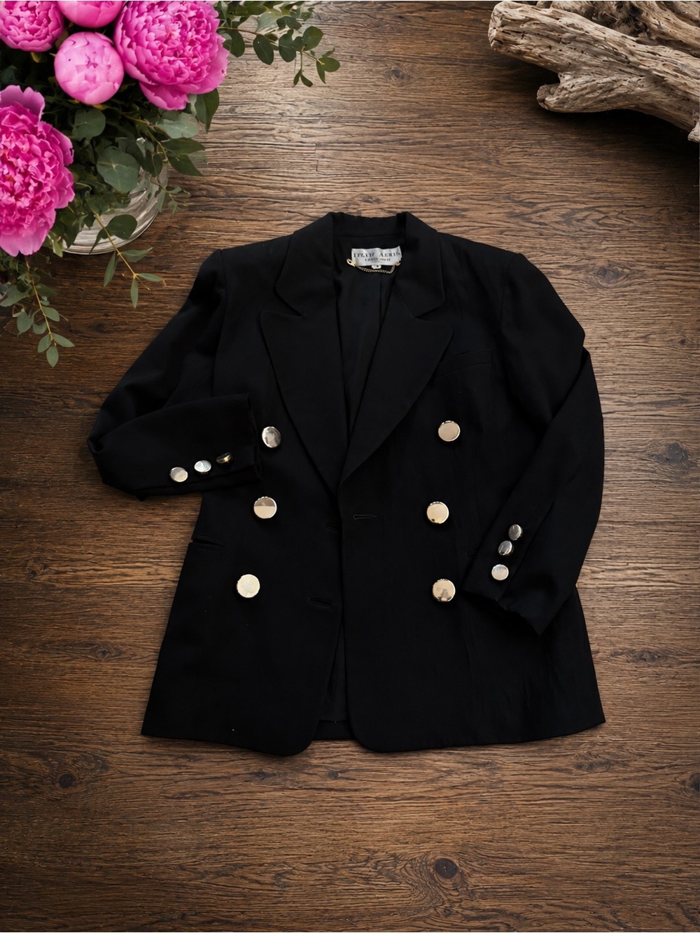 Vintage Lillie Rubin Black Gold Button Blazer Women’s Size 8 1990s Power Suit